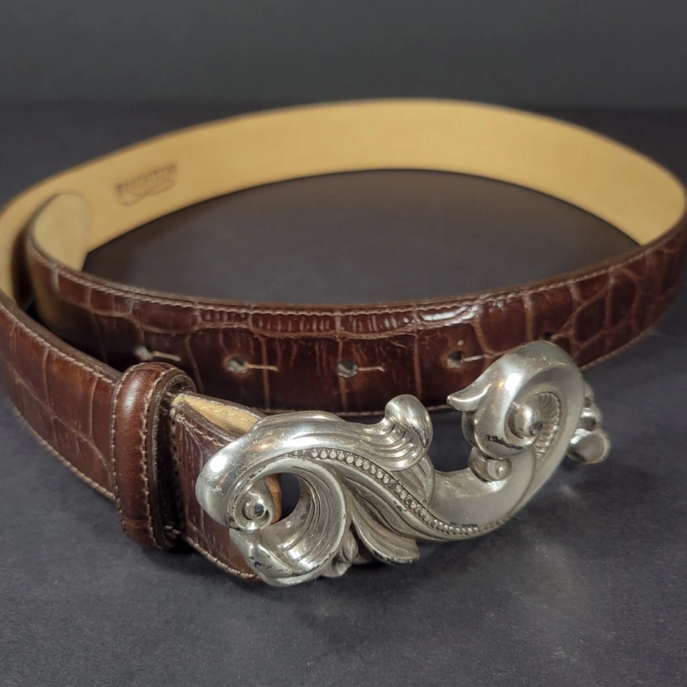 Brighton VINTAGE Brown Leather Textured Belt w/ Ornate Silver Buckle